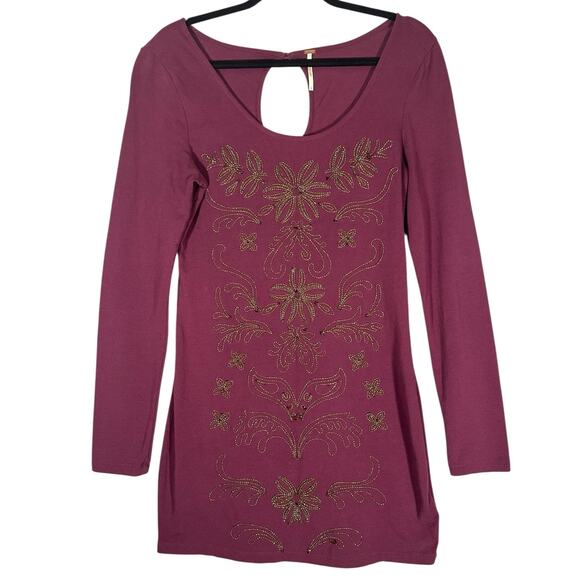 Free People Lady In Waiting‎ Bodycon Dress Sz L Wine Long Sleeve Beaded Gold - Picture 8 of 11